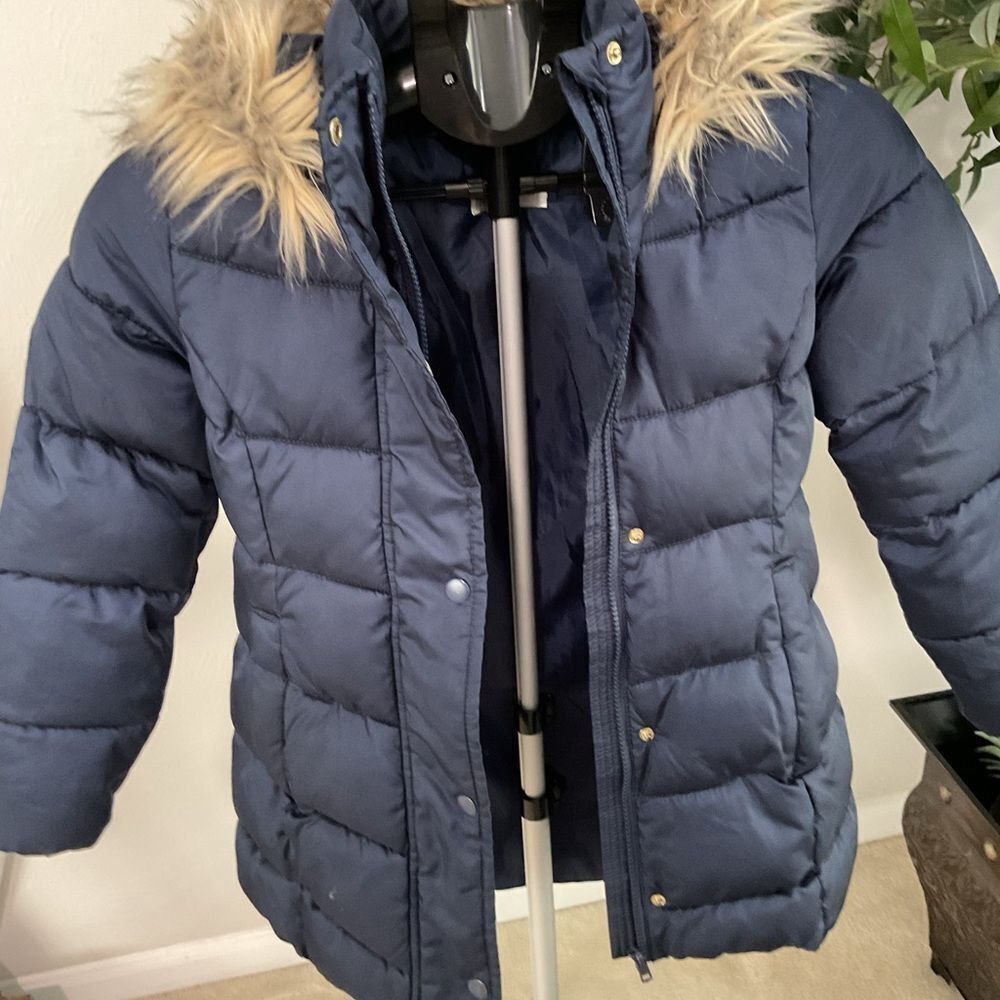 H&M Dark Blue Kids Puffer Coat with Faux Fur Trim